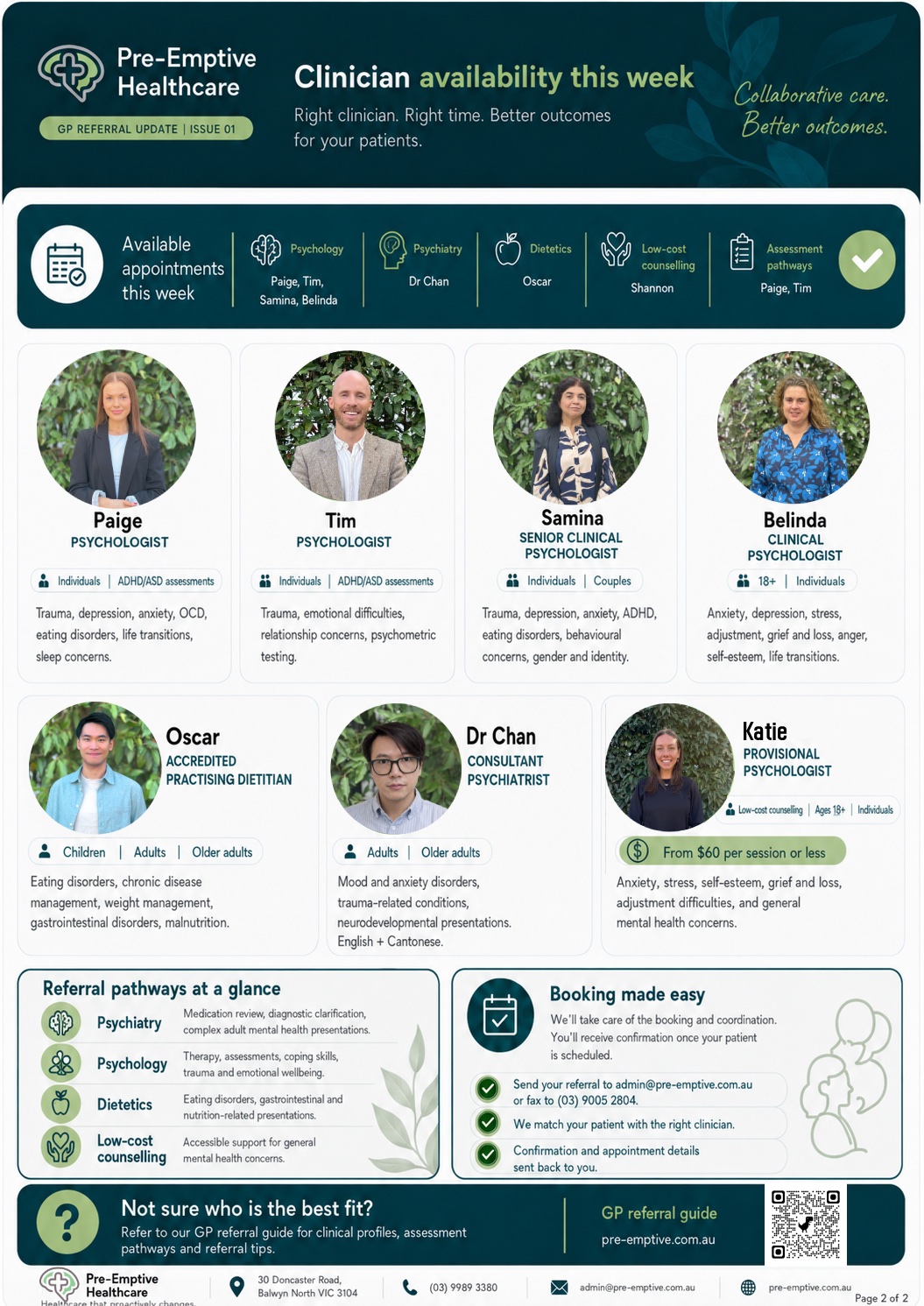 Pre-Emptive Healthcare GP Referral Update, Issue 01, page 2: Clinician availability this week, referral pathways at a glance, and how to send a referral.